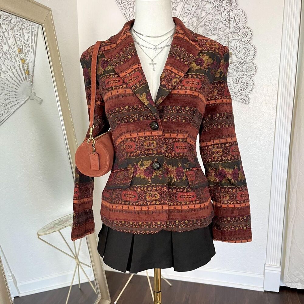 Evelyn Vintage Tapestry Style Blazer Jacket Rust Orange Floral Woven Design S